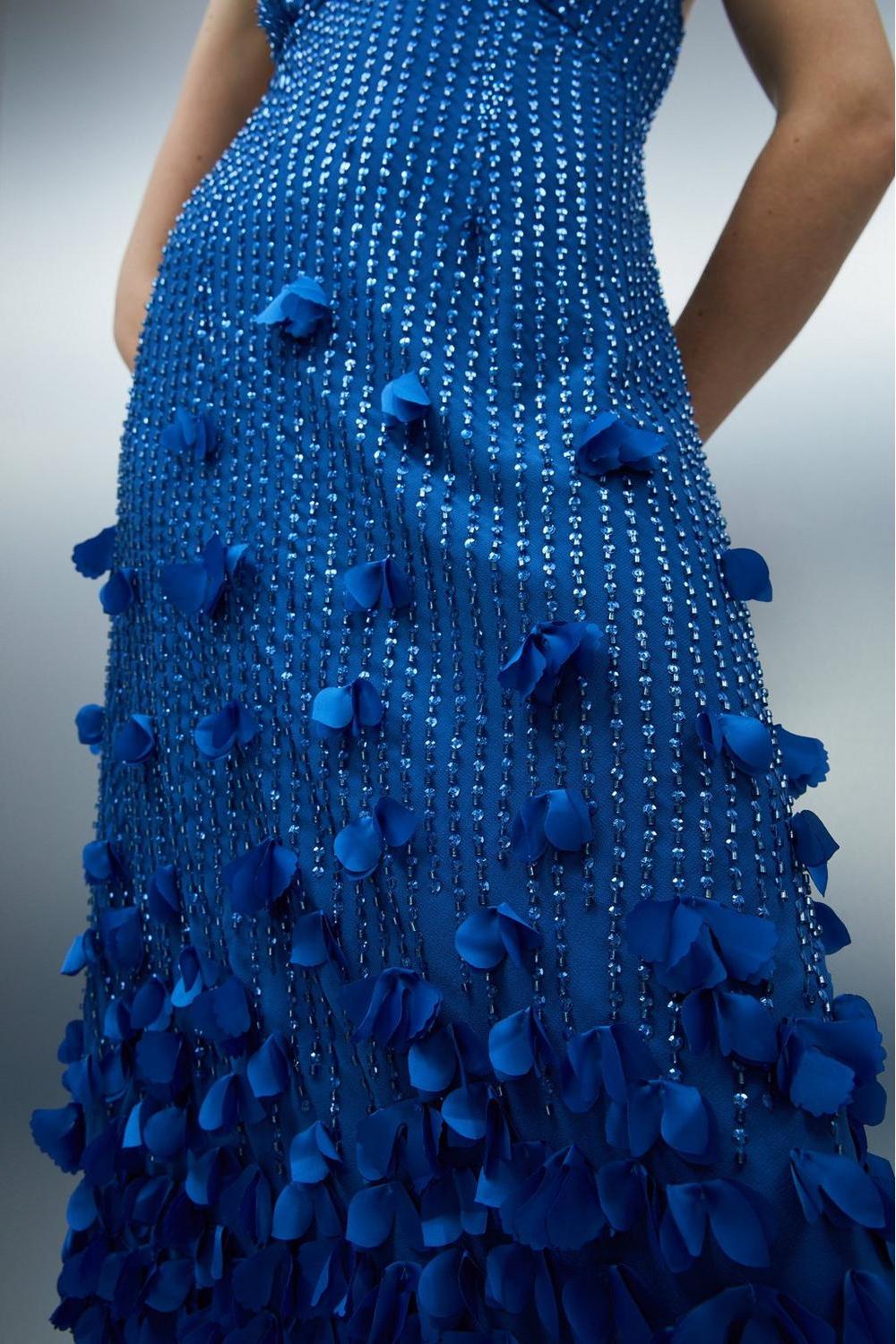 Ombre Blue Petal Embellished Spaghetti Strap Gown