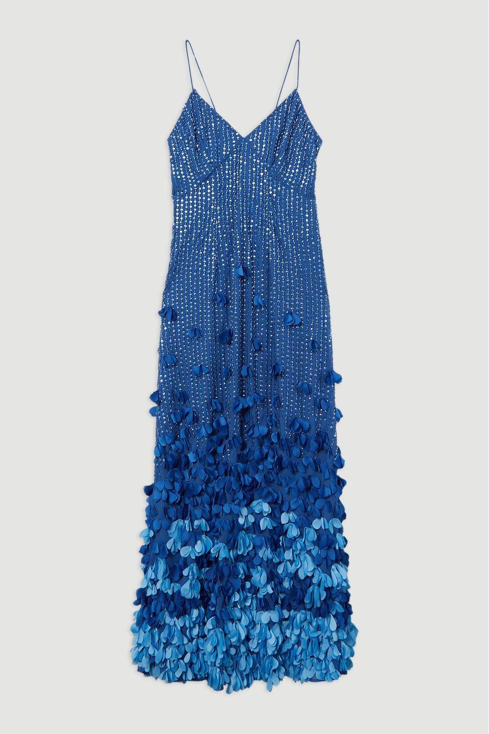 Ombre Blue Petal Embellished Spaghetti Strap Gown