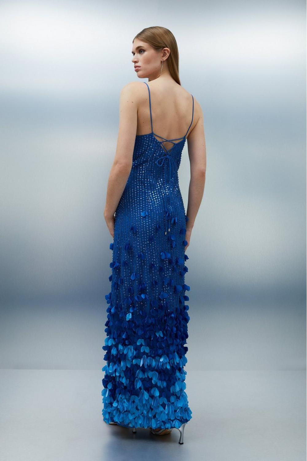 Ombre Blue Petal Embellished Spaghetti Strap Gown