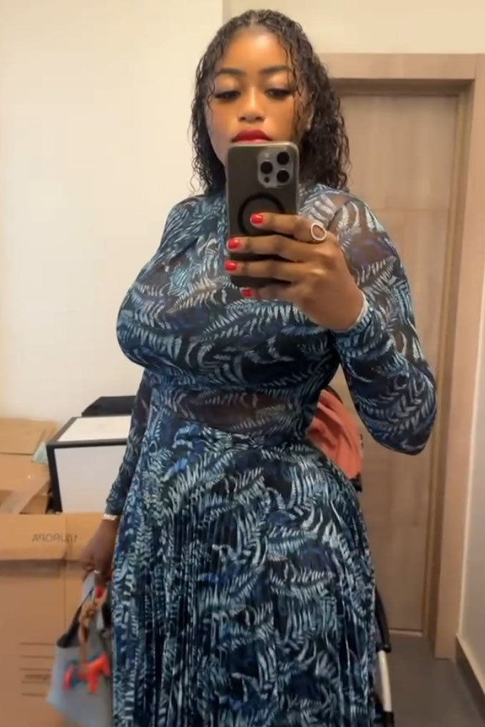 Mesh Pleated Abstract Maxi Dress