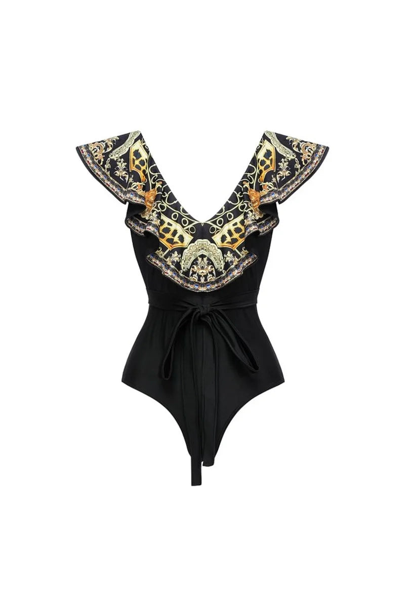 Black Gold Print Ruffle Tie Swimsuit Set