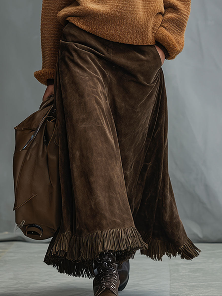 Casual vintage rok van kunstsuède in cacao bruin met kwastjes