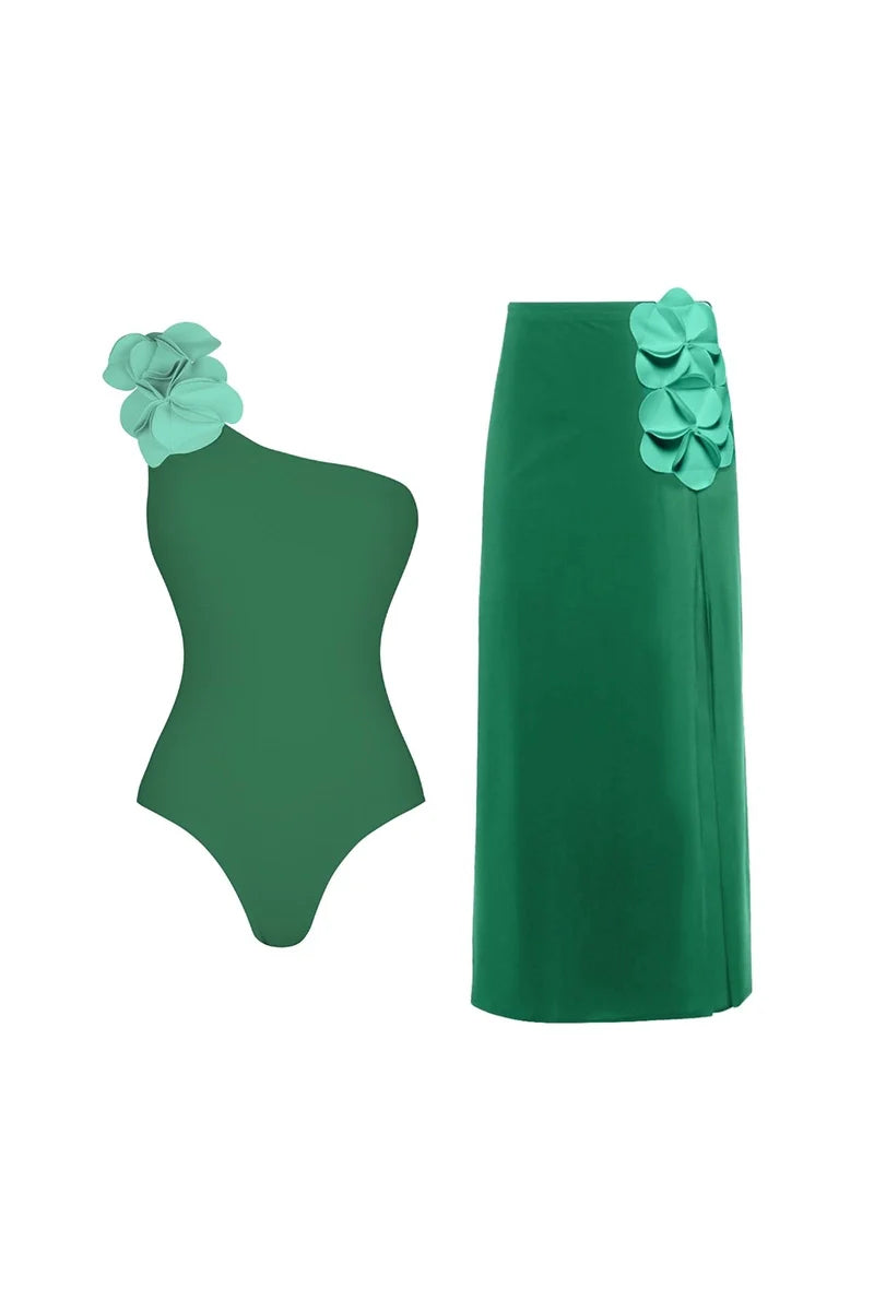 Green One-Shoulder 3D Floral Swimsuit