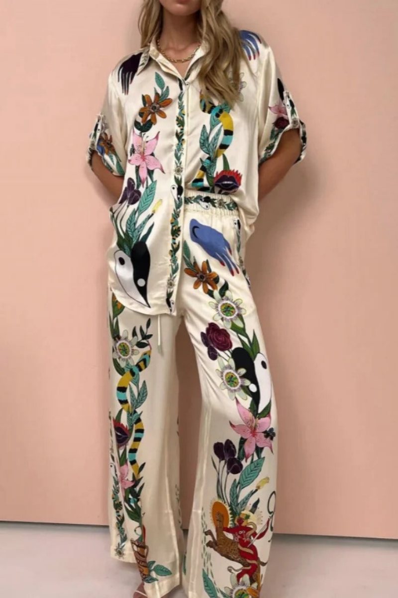 Boho Natureza Zestaw satynowej koszuli i spodni z nadrukiem