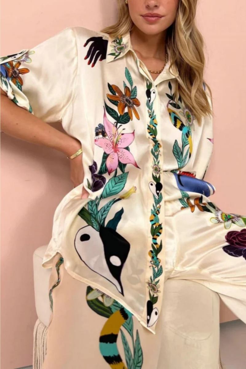 Boho Natureza Zestaw satynowej koszuli i spodni z nadrukiem