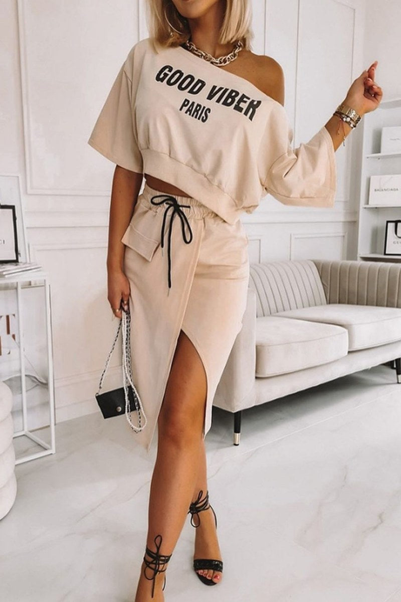 Champagne Wrap Letter Schuine Kraag Rok Set