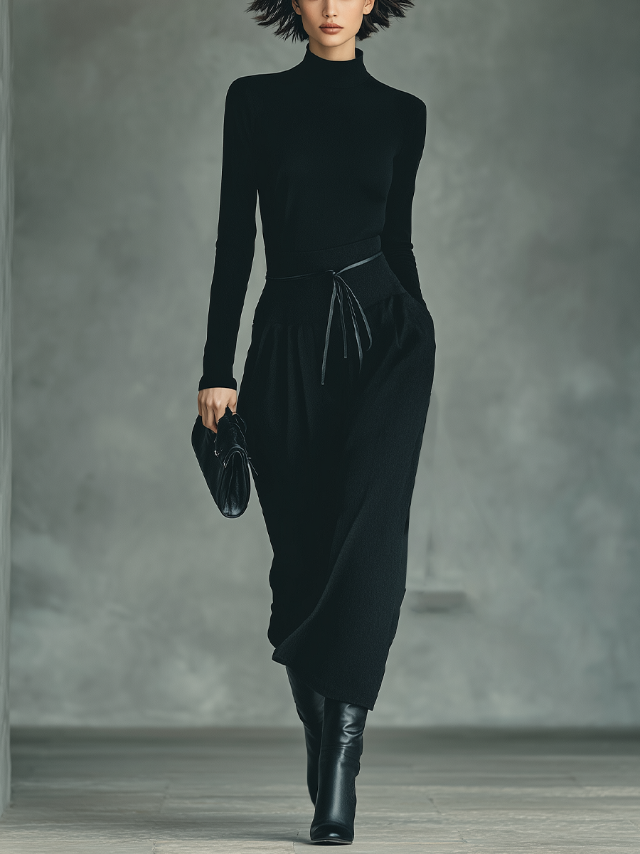 Completo donna nero con top in maglia elasticizzata e gonna in misto cotone