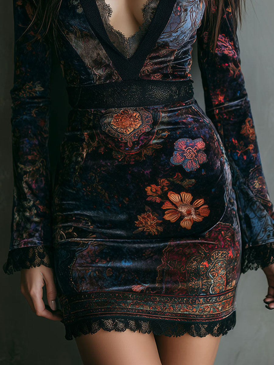 Rochie mini bodycon din catifea cu imprimeu floral boho, decolteu în V și dantelă decorativă