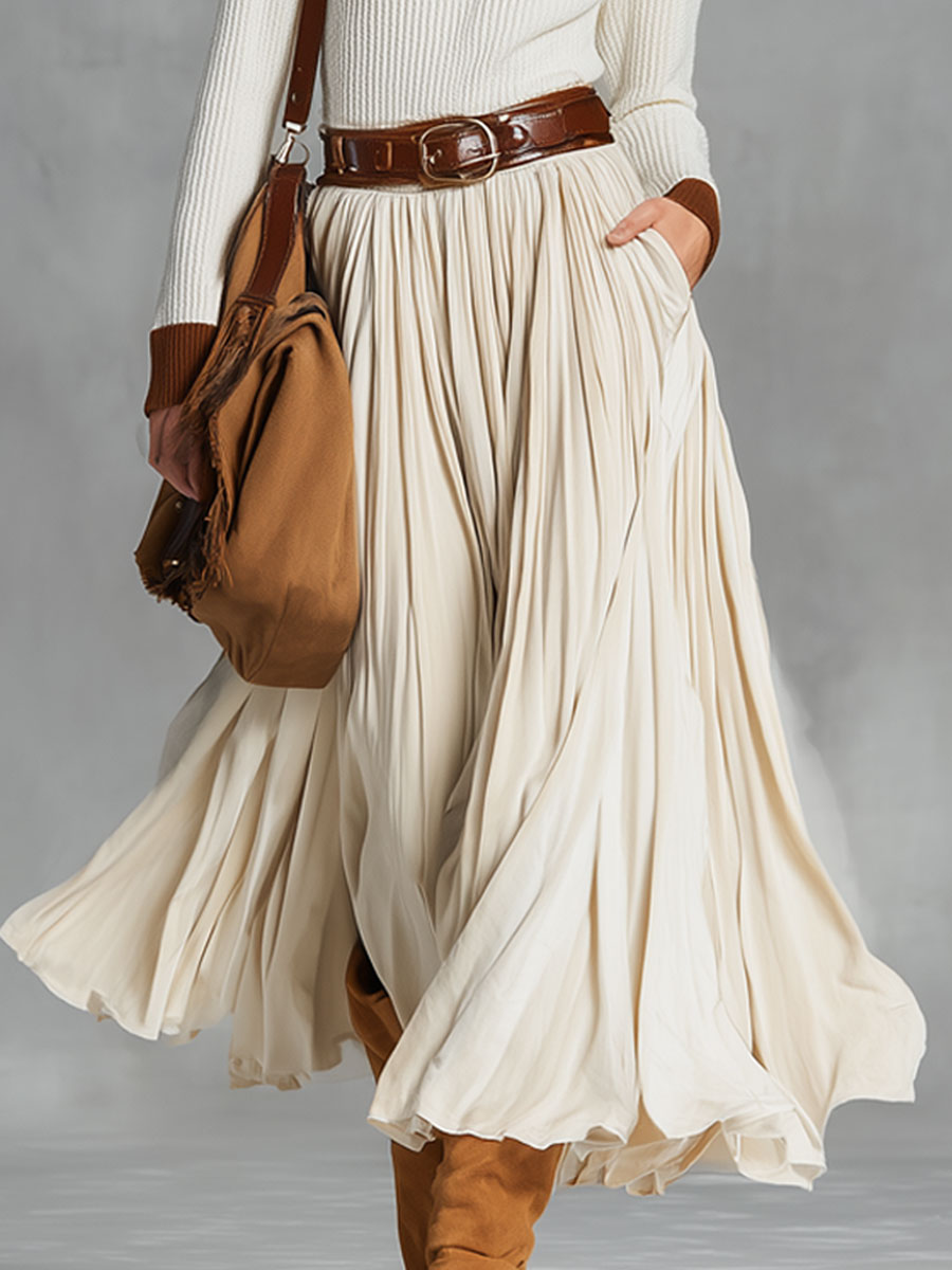 Gonna alla moda e semplice in velluto beige con tasche e chiusura a lacci