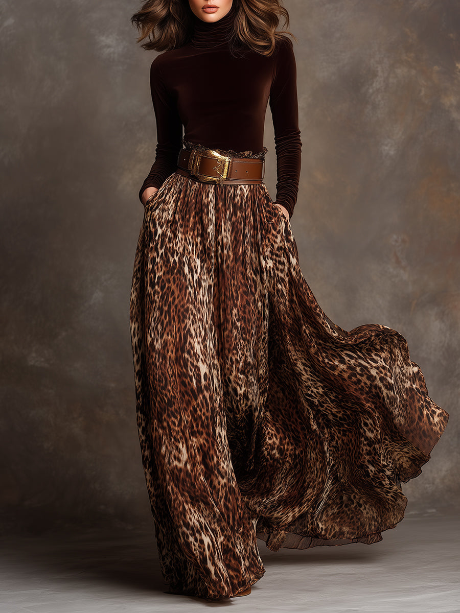 Ensemble élégant col roulé en velours et jupe longue imprimé léopard avec ceinture