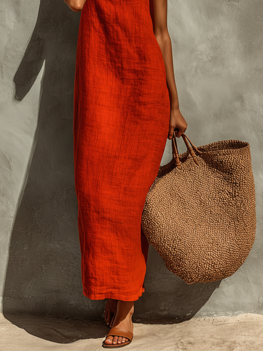 Vestido Vermelho de Algodão com Alças Finas e Decote Quadrado