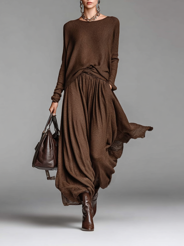 Ensemble jupe et pull tricoté à col rond pour femme