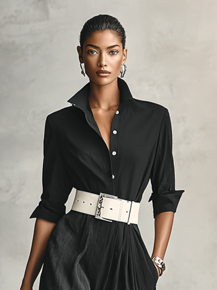 Dame Jumpsuit med Revers, Enkeltradet, Lange Ærmer og Bælte