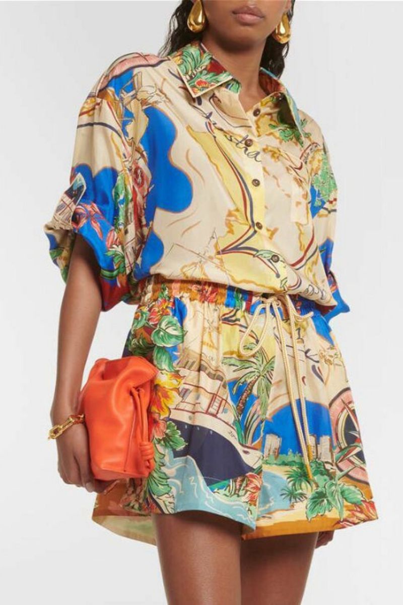 Eenzegaarteg gedréckt Taille Shorts Zwee-Stéck Set