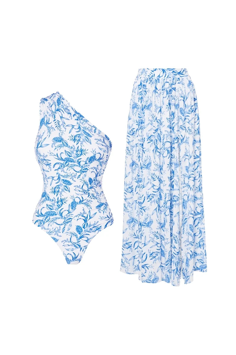 Fresh Floral One-Shoulder Blue Set