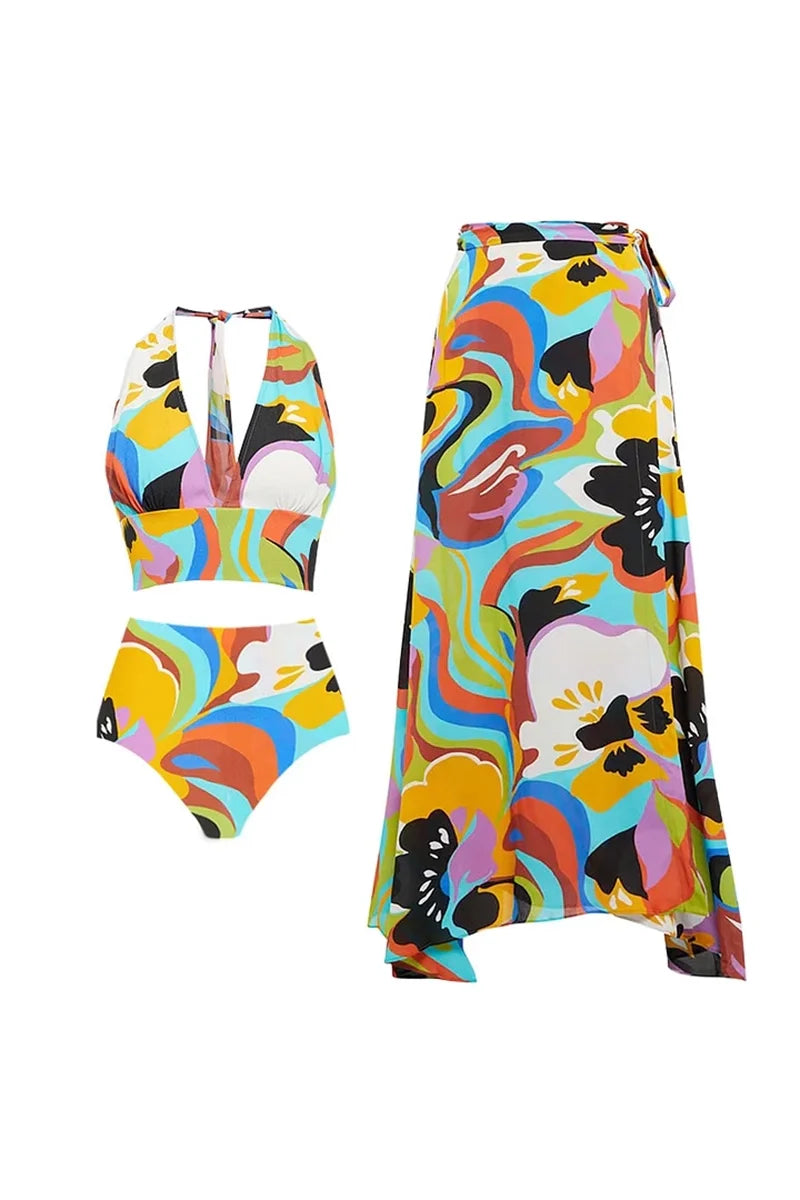 Deep V Halter Neck Print Sexy Swimsuit Set