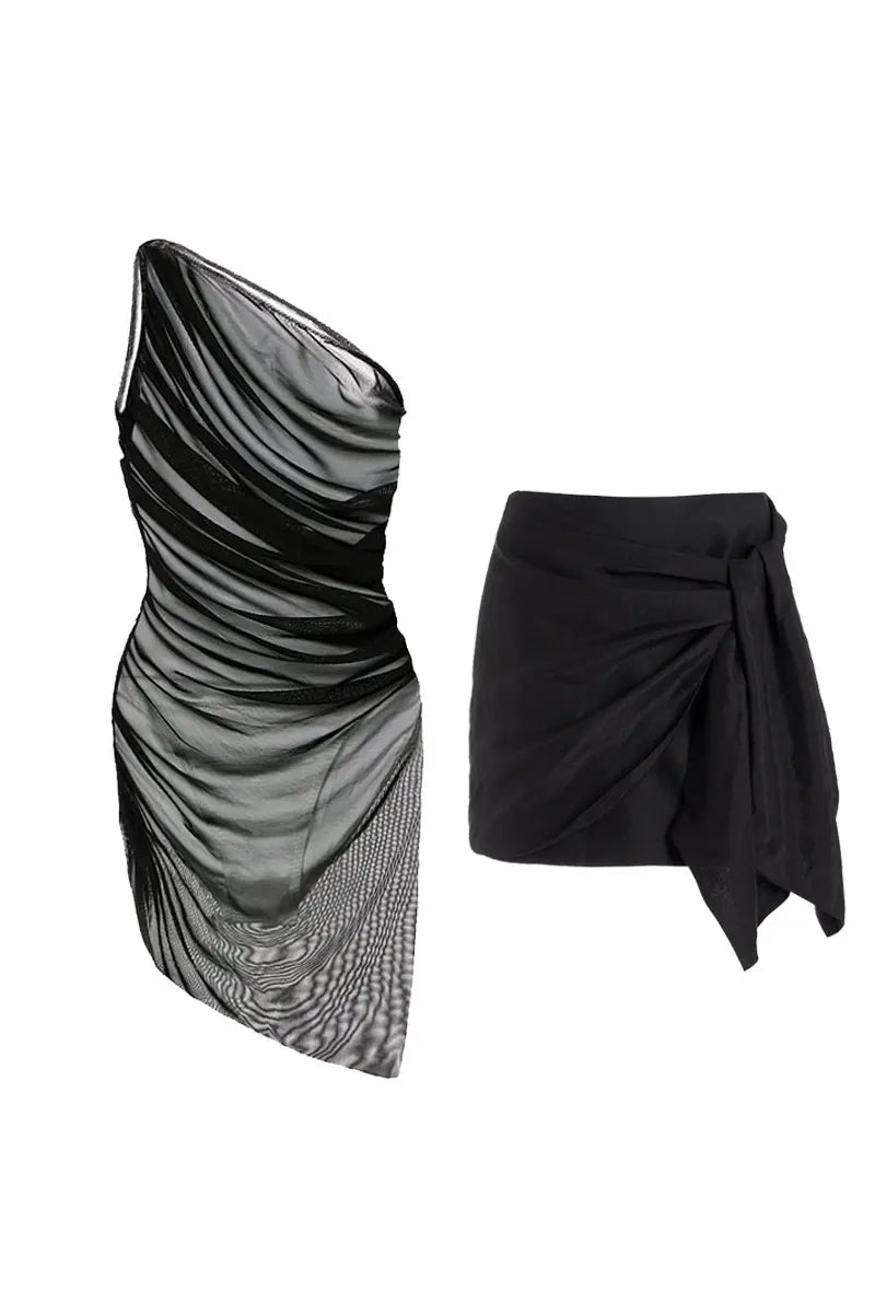 Black Mesh One Piece Swimsuit Set