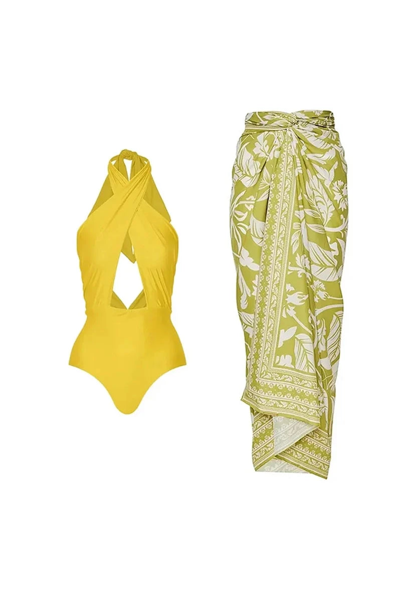 Cross Halter Solid Cutout One-Piece Swimsuit