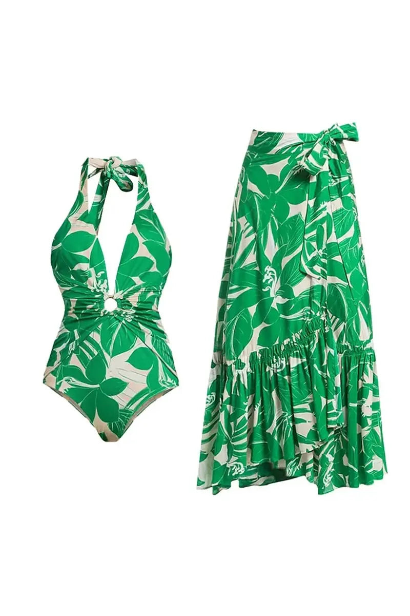 Green Halter Deep V One-Piece Swimsuit Set