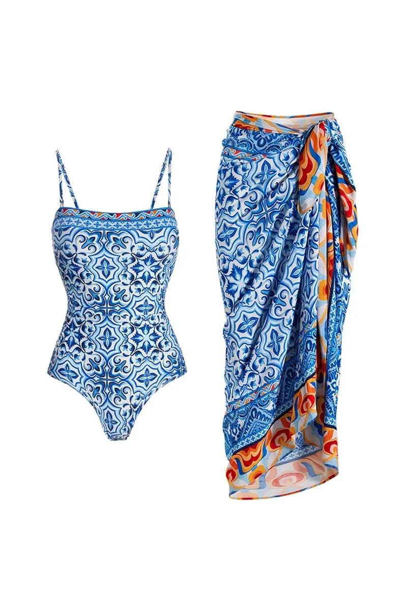 Blue Ethnic Print Swimsuit Set