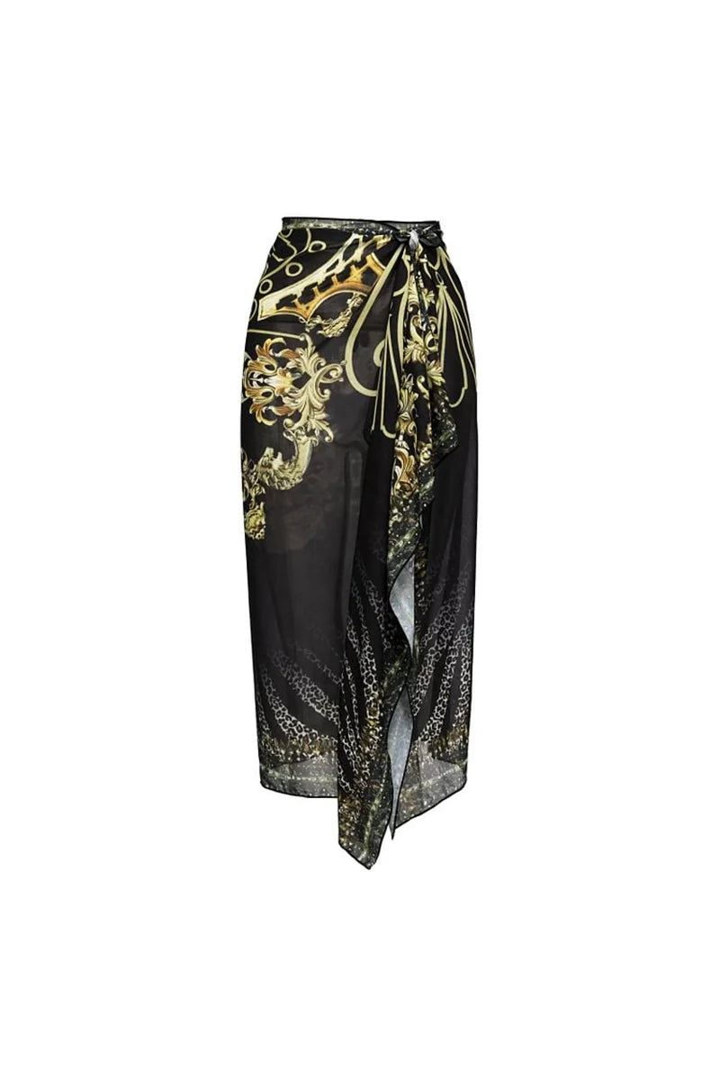 Black Gold Print Ruffle Tie Swimsuit Set