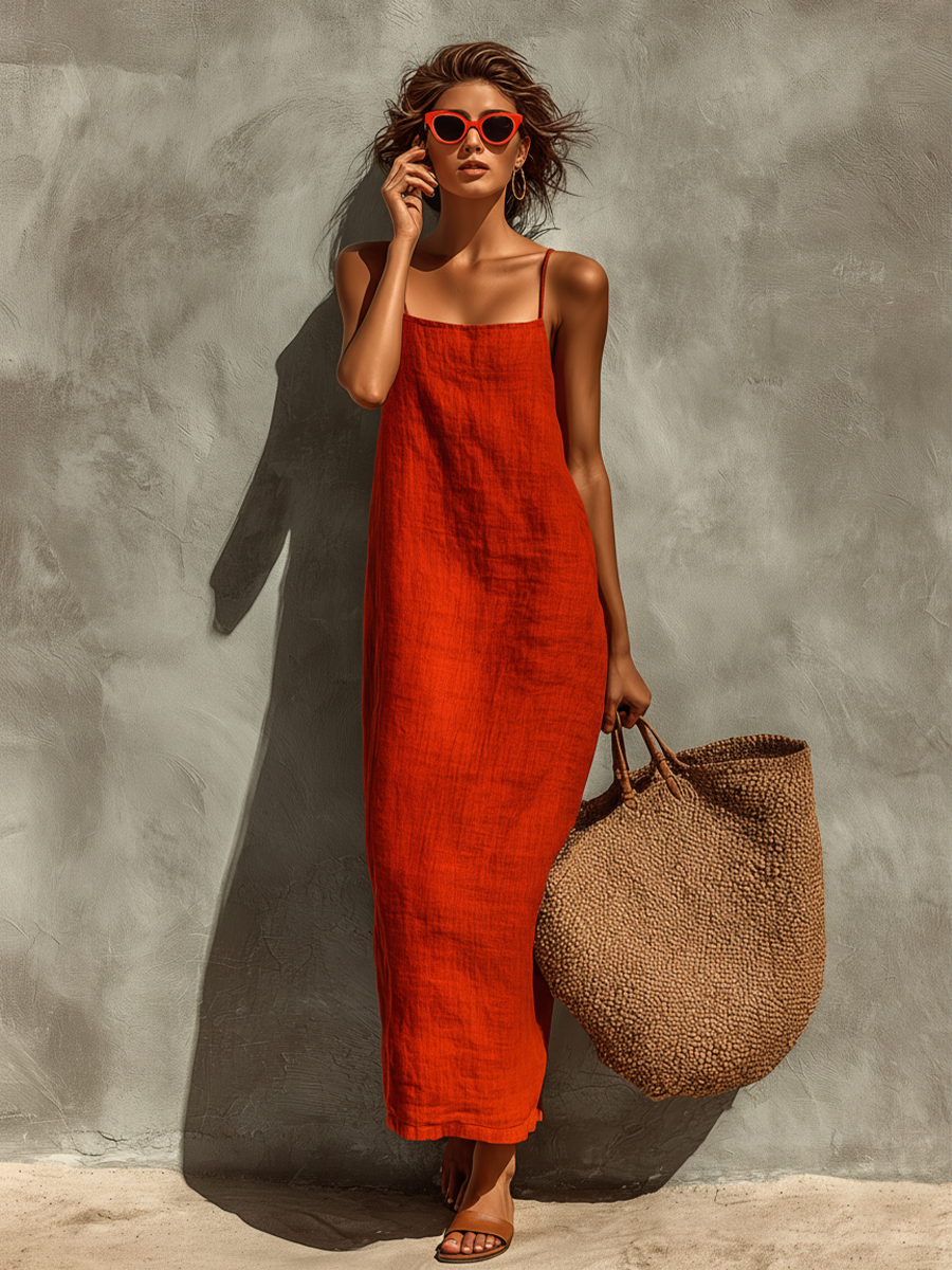 Vestido Vermelho de Algodão com Alças Finas e Decote Quadrado