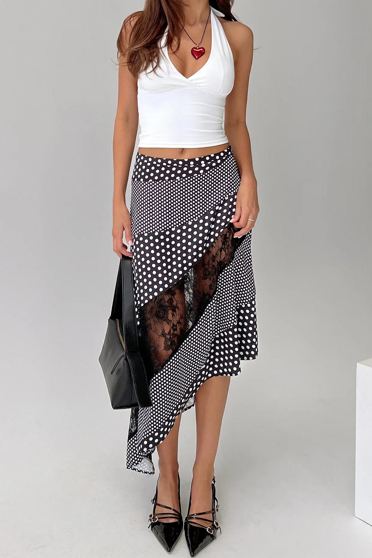 Polka-Dot Lace Asymmetrical Midi Skirt