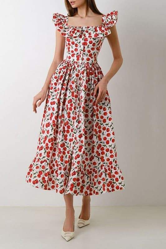 knee length dresses for ladies Griselda Cherry Printed Ruffle Midi Dress