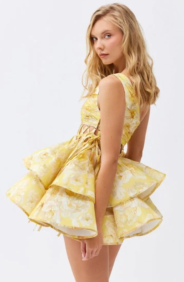 Andrea mini-chiffonjurk met bloemenprint en één schouder
