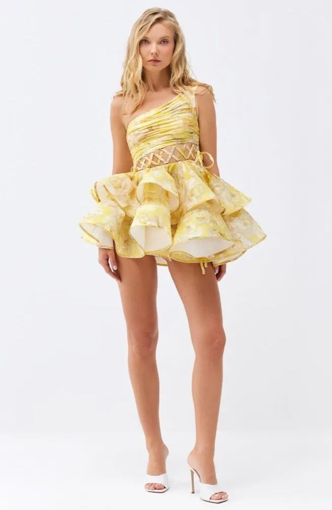 Andrea mini-chiffonjurk met bloemenprint en één schouder