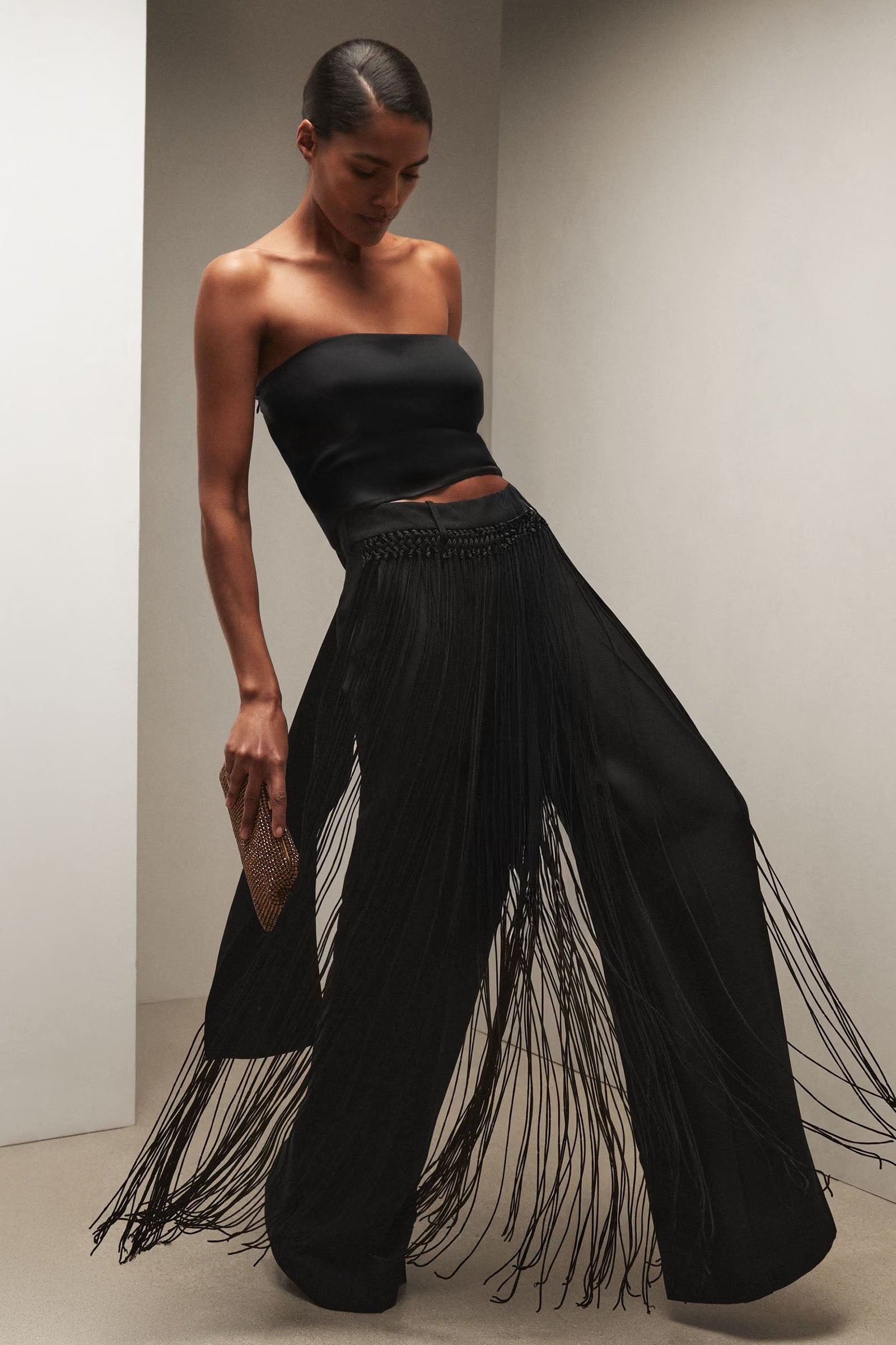 Fransen-Hose mit weitem Bein & strukturiertes Peplum-Oberteil Set