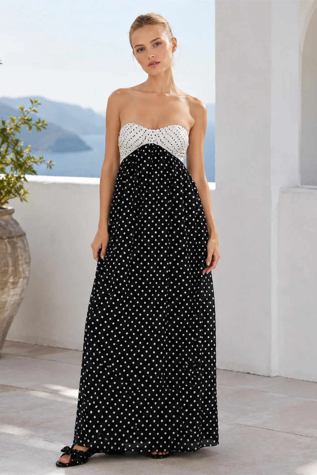 Two-Tone Polka Dot Strapless Maxi Dress