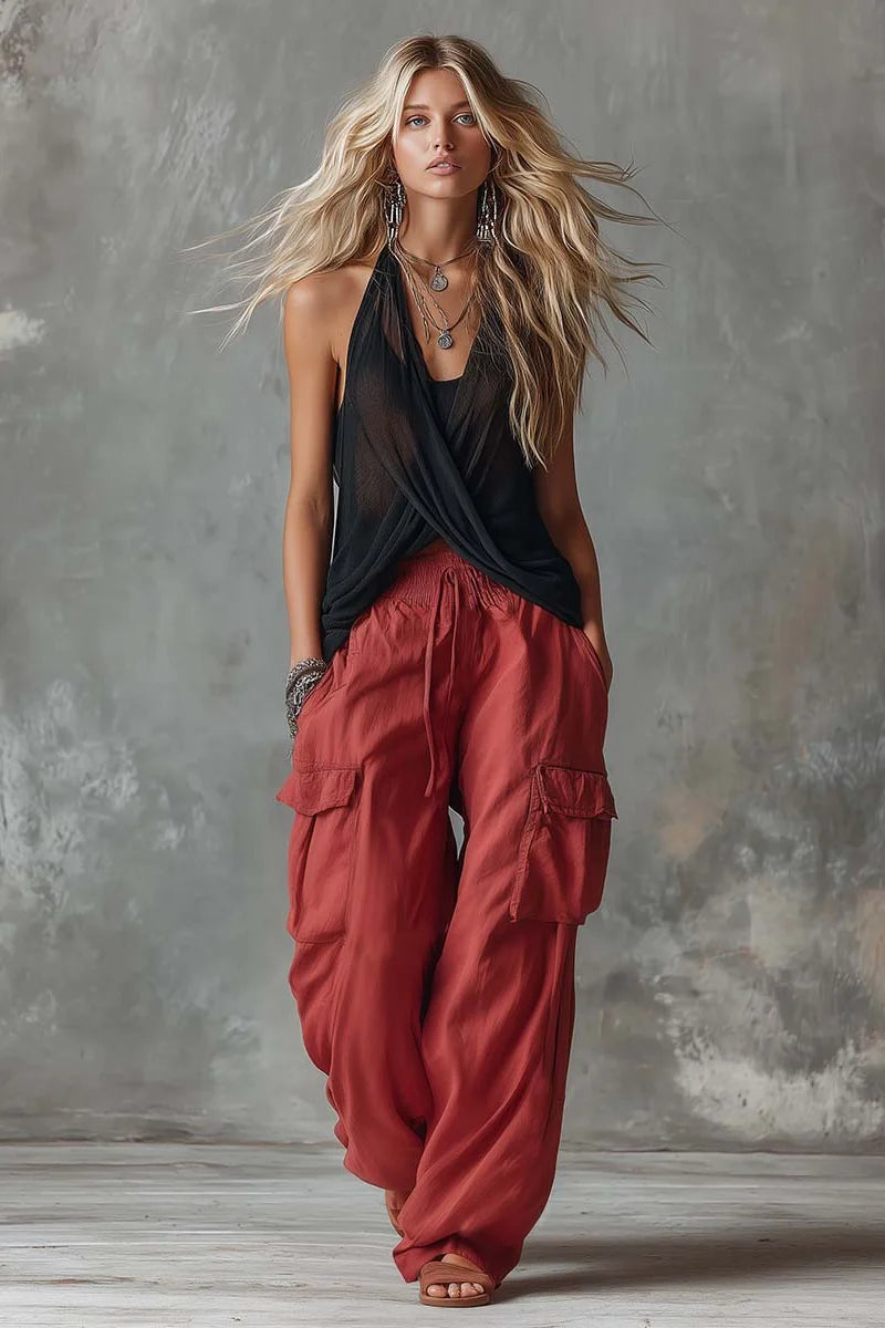 Schwaarzt Mesh V-Ausschnëtt Top & Rout Cargo-Hosen Set