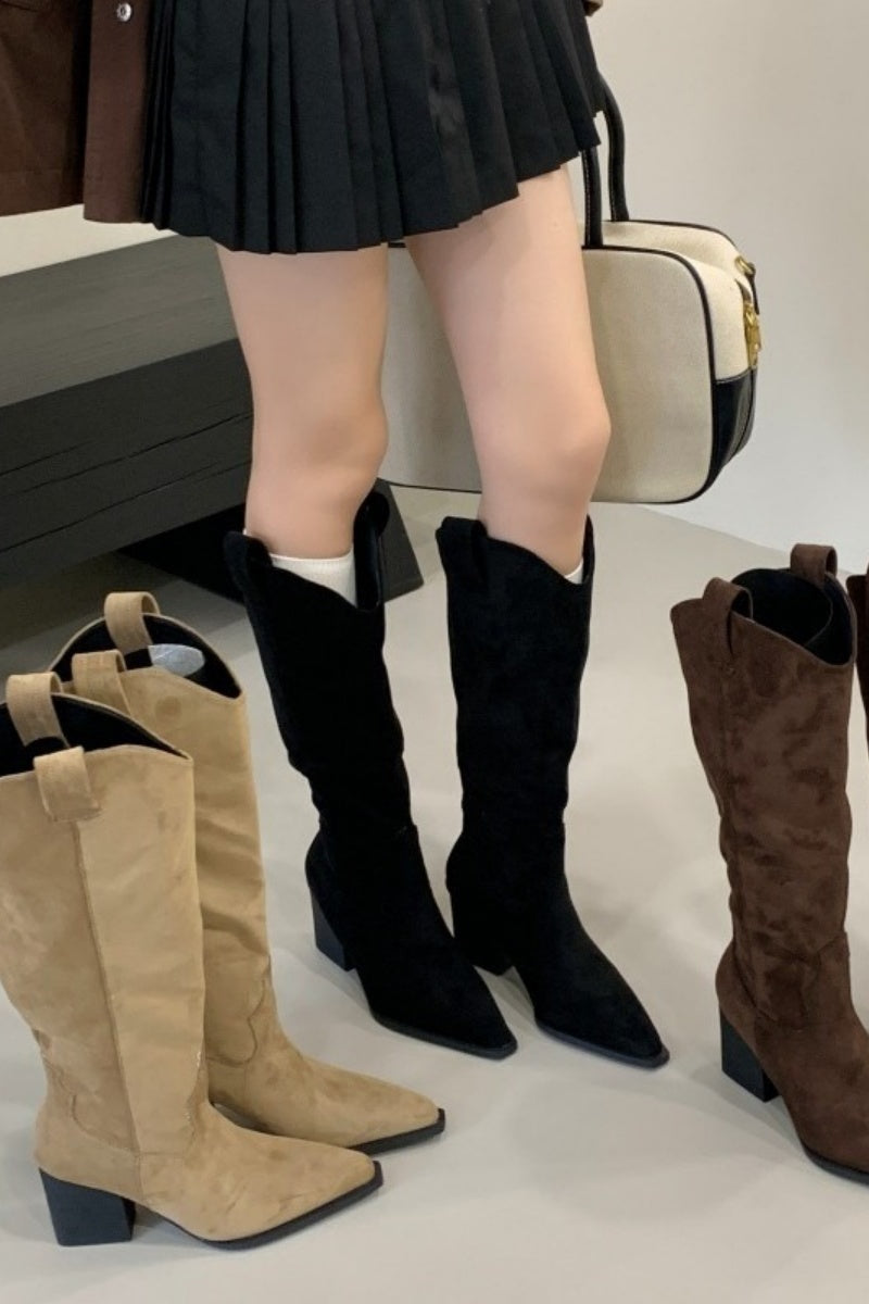 V-Neck Chunky-Heeled High-Top Knight Boots