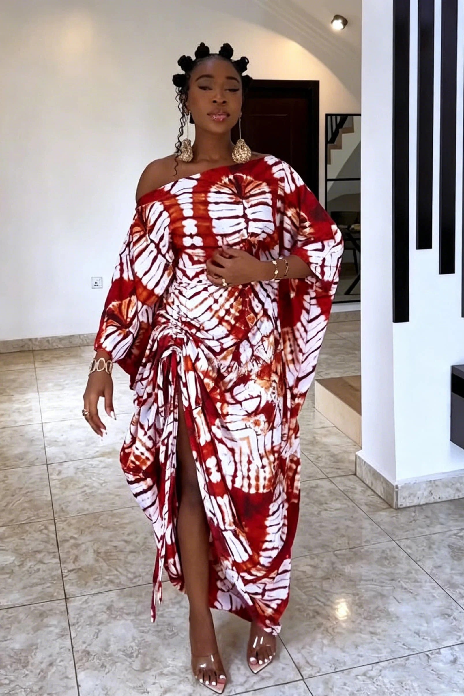Vestido Maxi Ombro a Ombro com Padrão Radial
