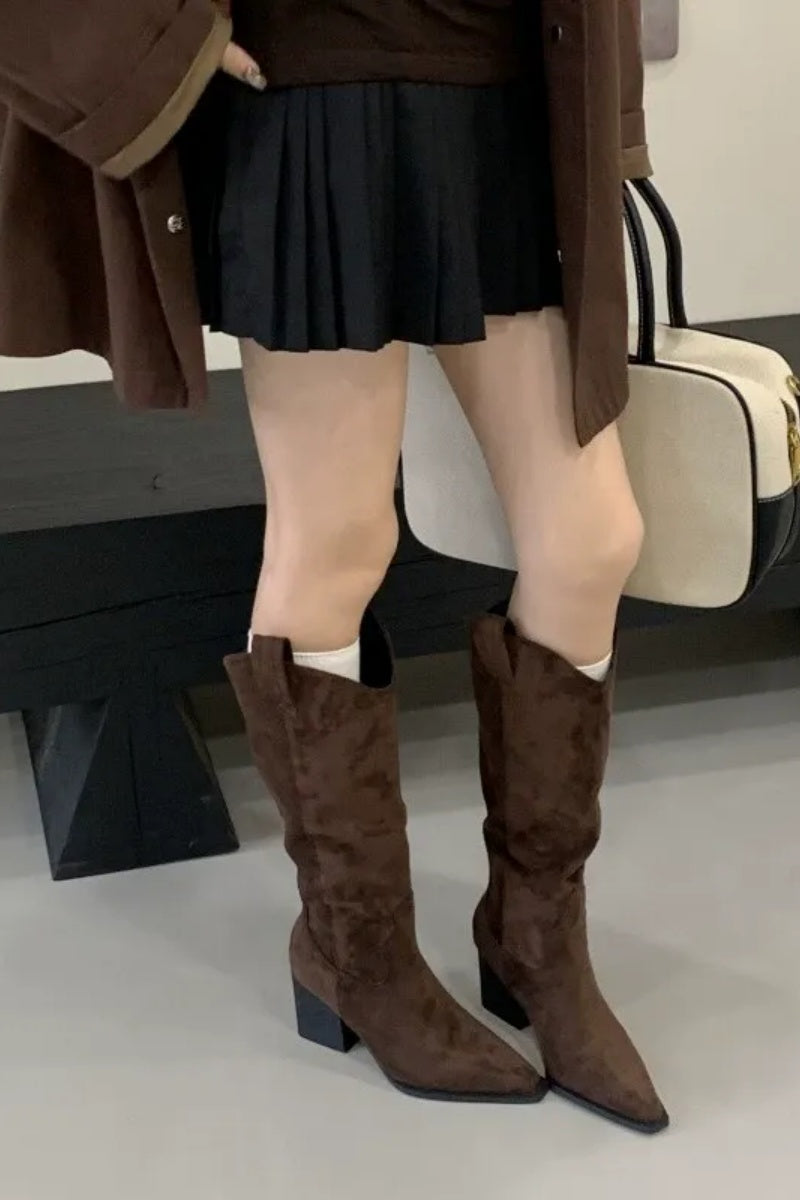 V-Neck Chunky-Heeled High-Top Knight Boots