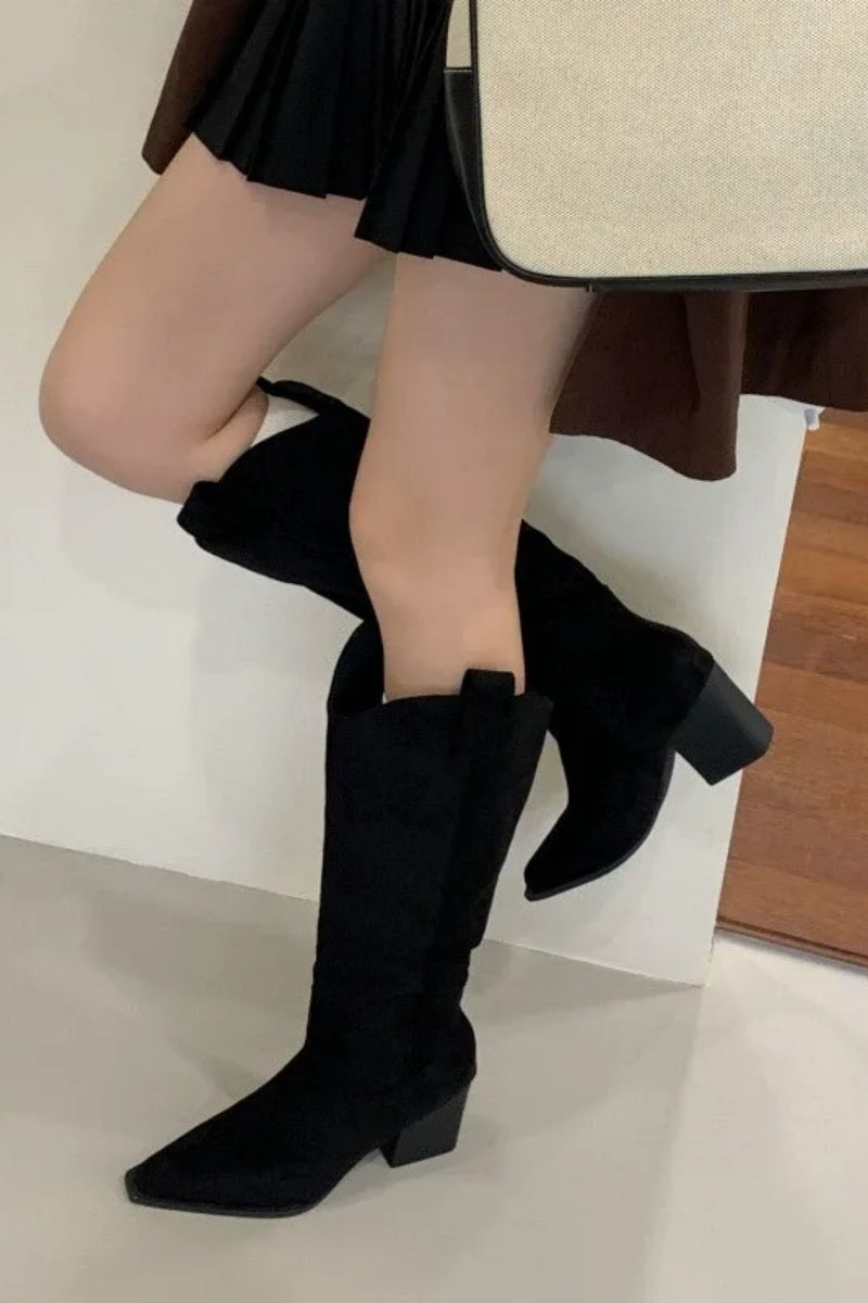 V-Neck Chunky-Heeled High-Top Knight Boots