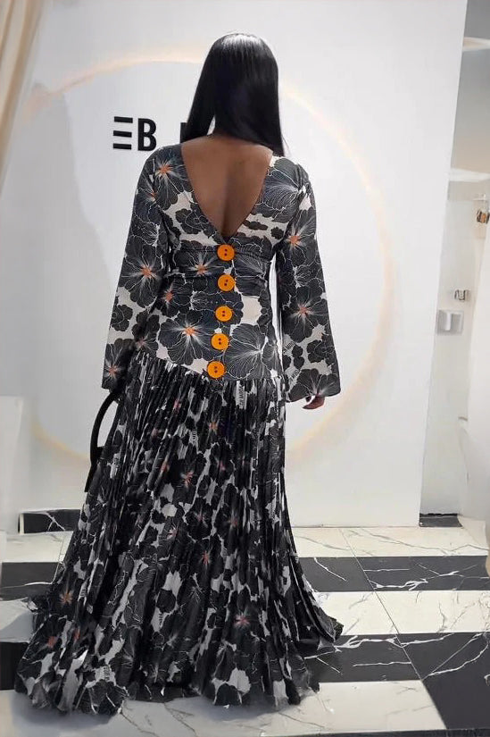 Luxe Deep-V Back Printed Pleated Maxi Dress