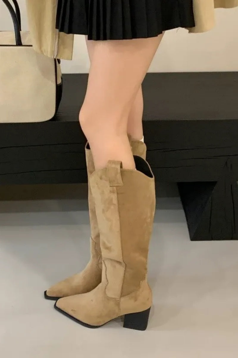 V-Neck Chunky-Heeled High-Top Knight Boots