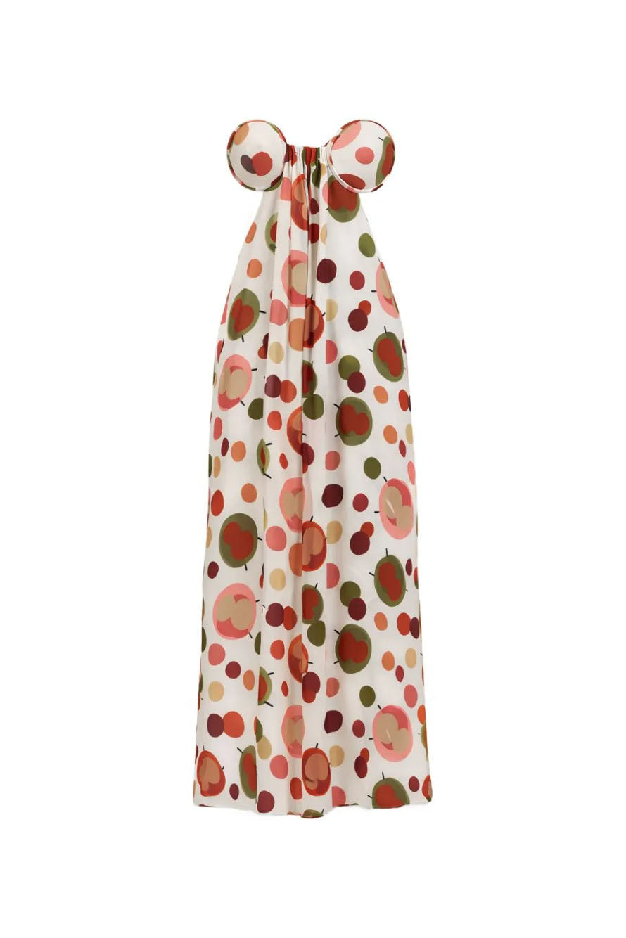 שמלת מקסי סטרפלס לבנה עם הדפס נקודות רב-צבעוני
