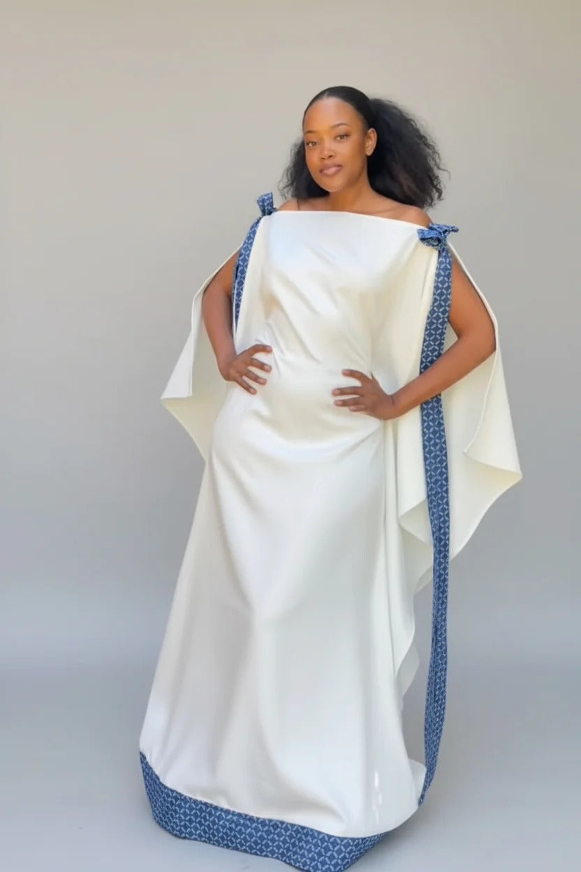 White-Blue Cape Maxi Dress