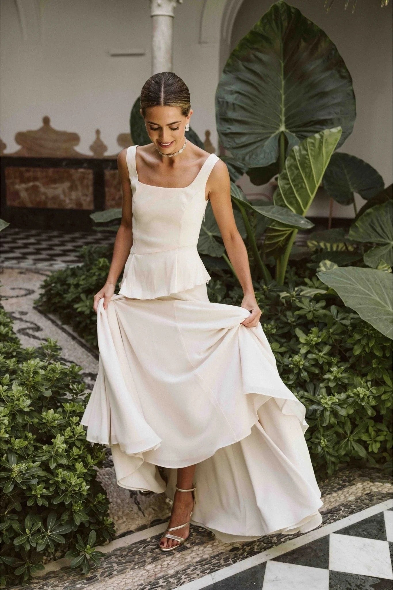 Ärmellos Halter Taillebetountes Spëtze-Jupe Set