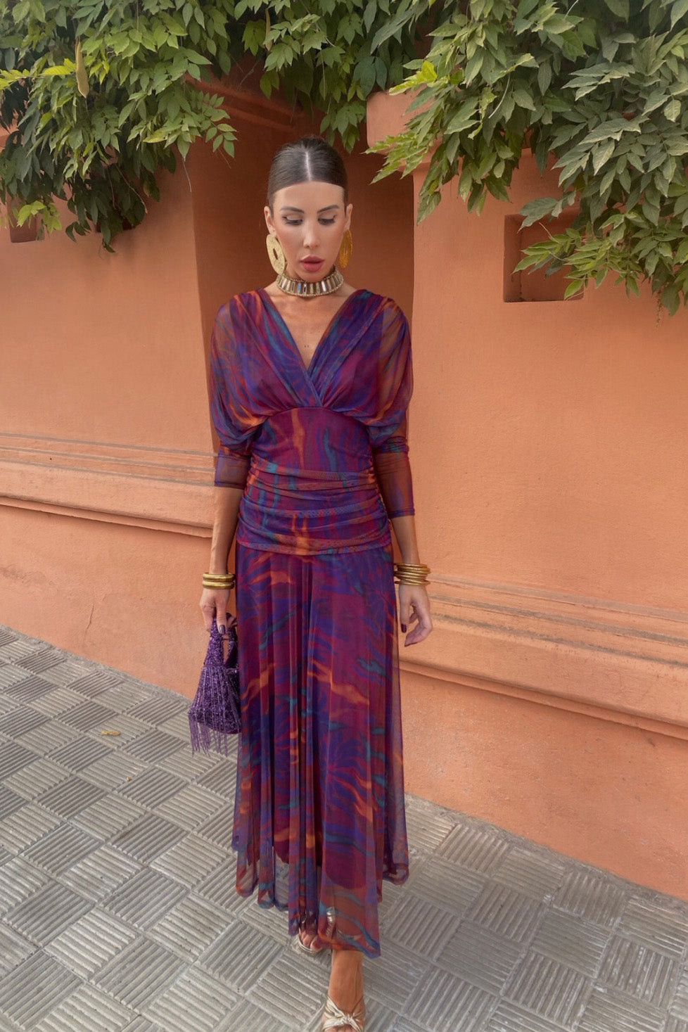 Purple Haze Printed Mesh Ruched Maxi Dress