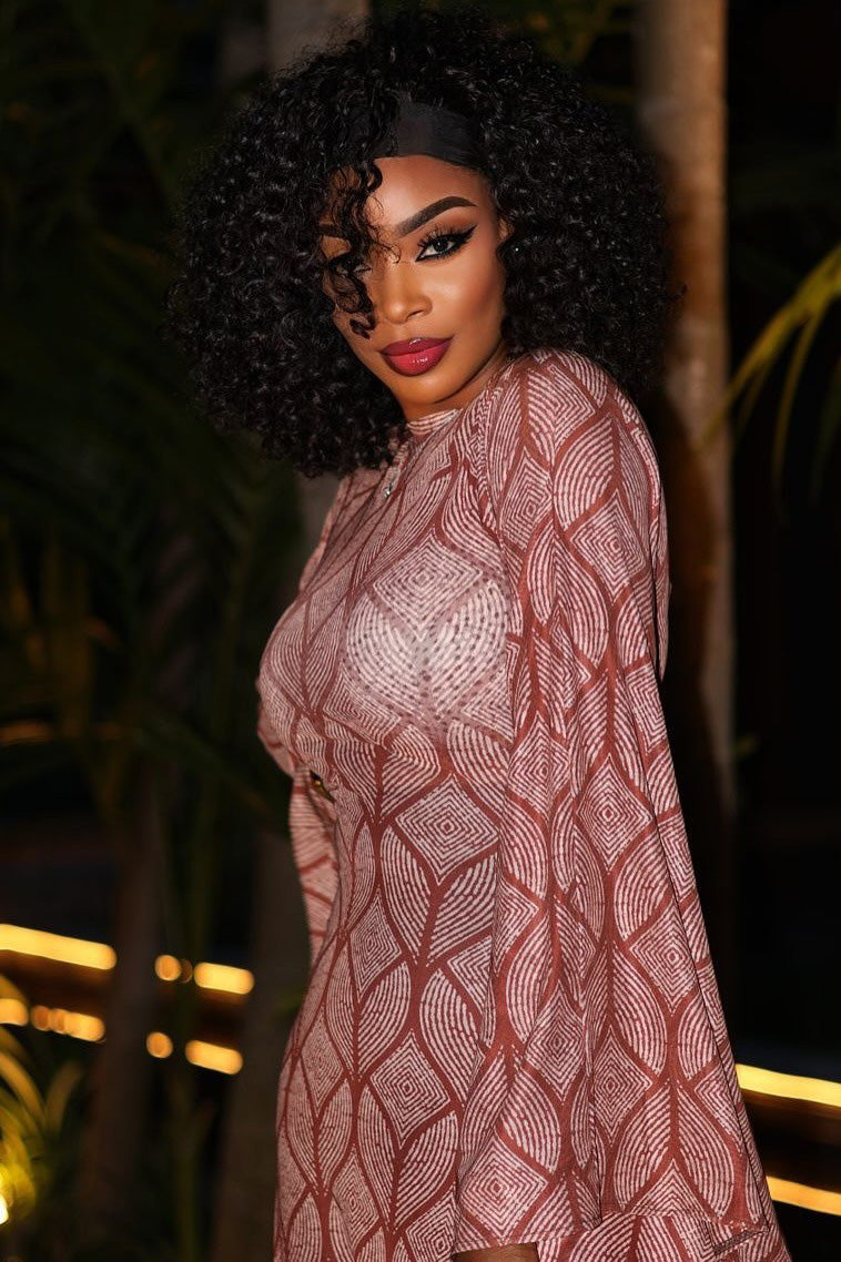 Mocha Rose Geometric Print Sheer Maxi Dress