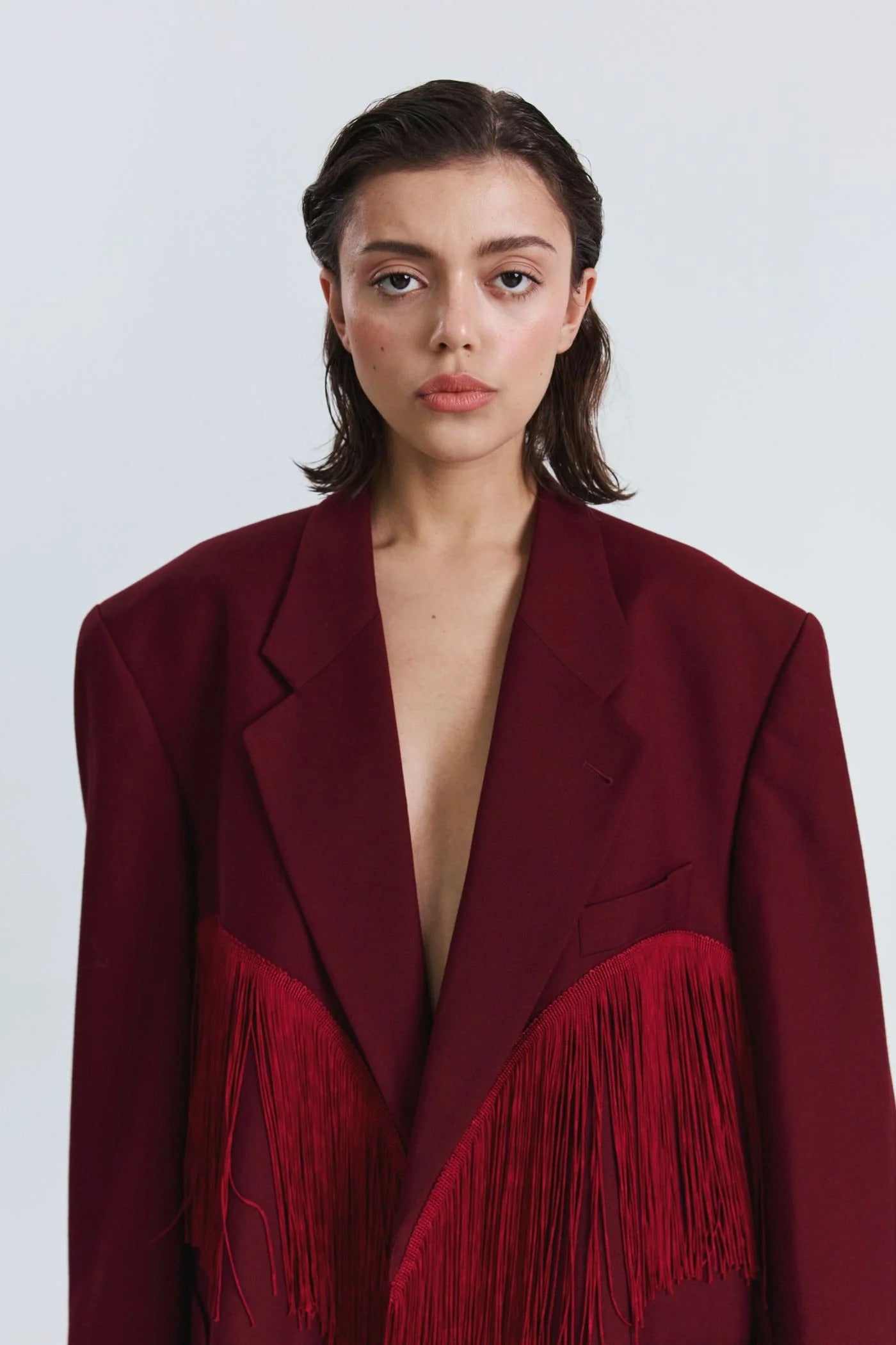 Burgundy Fringe Heart Blazer Jacket