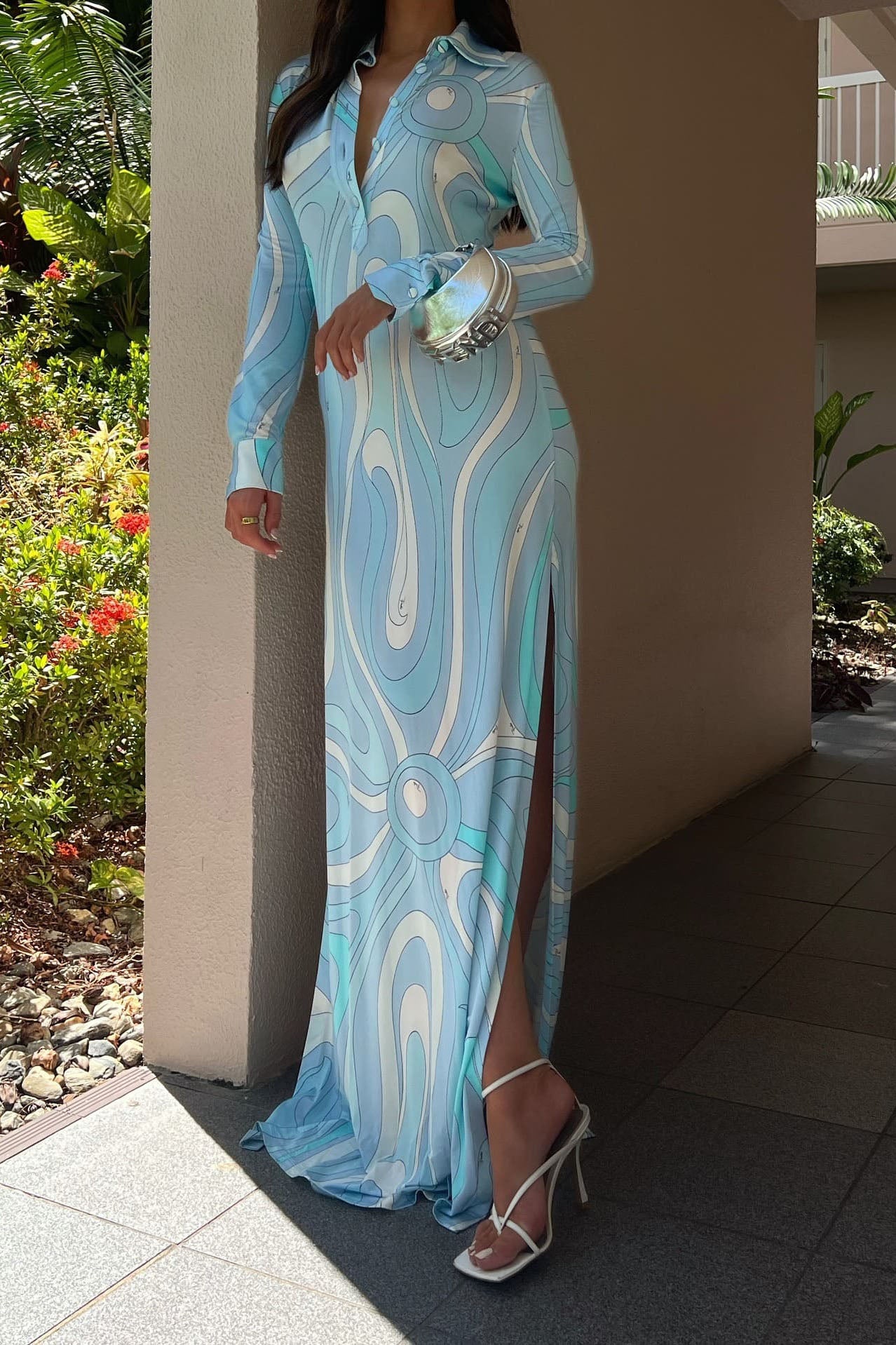 Blue-White Swirl Print Shirt Dress