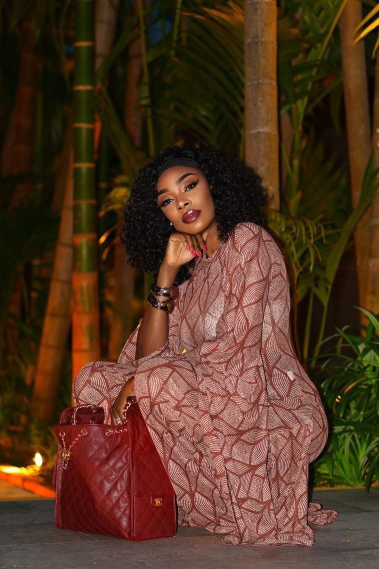 Mocha Rose Geometric Print Sheer Maxi Dress