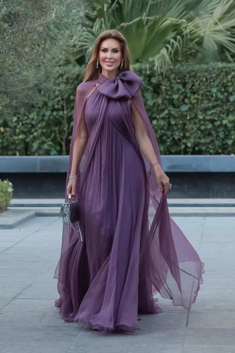 Mauve Chiffon Bow Cape Sleeve Pleated Maxi Gown