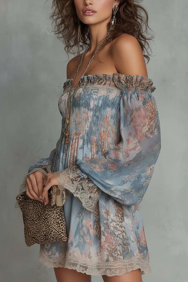 Schwarzes graues Marmorprint Mini-Kleid mit weitem Ärmel