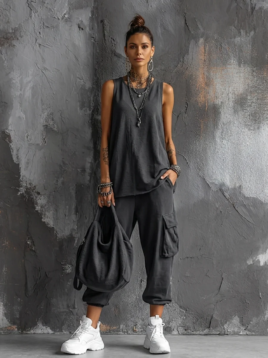 Casual Style Dark Gray Cotton Blend Sleeveless Top + Jogger Cargo Pants Set